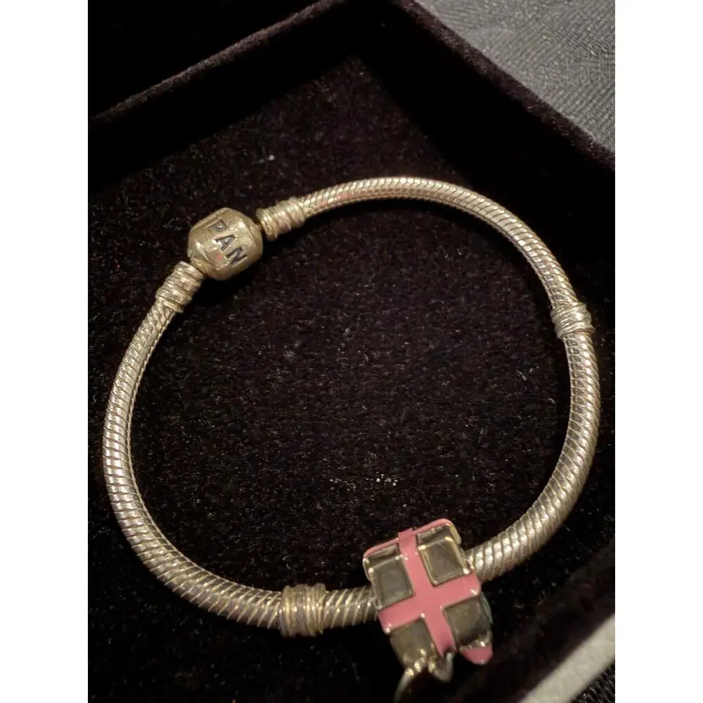 Pandora Sterling Silver Pink Enamel Present Gift Charm Bracelet + Box